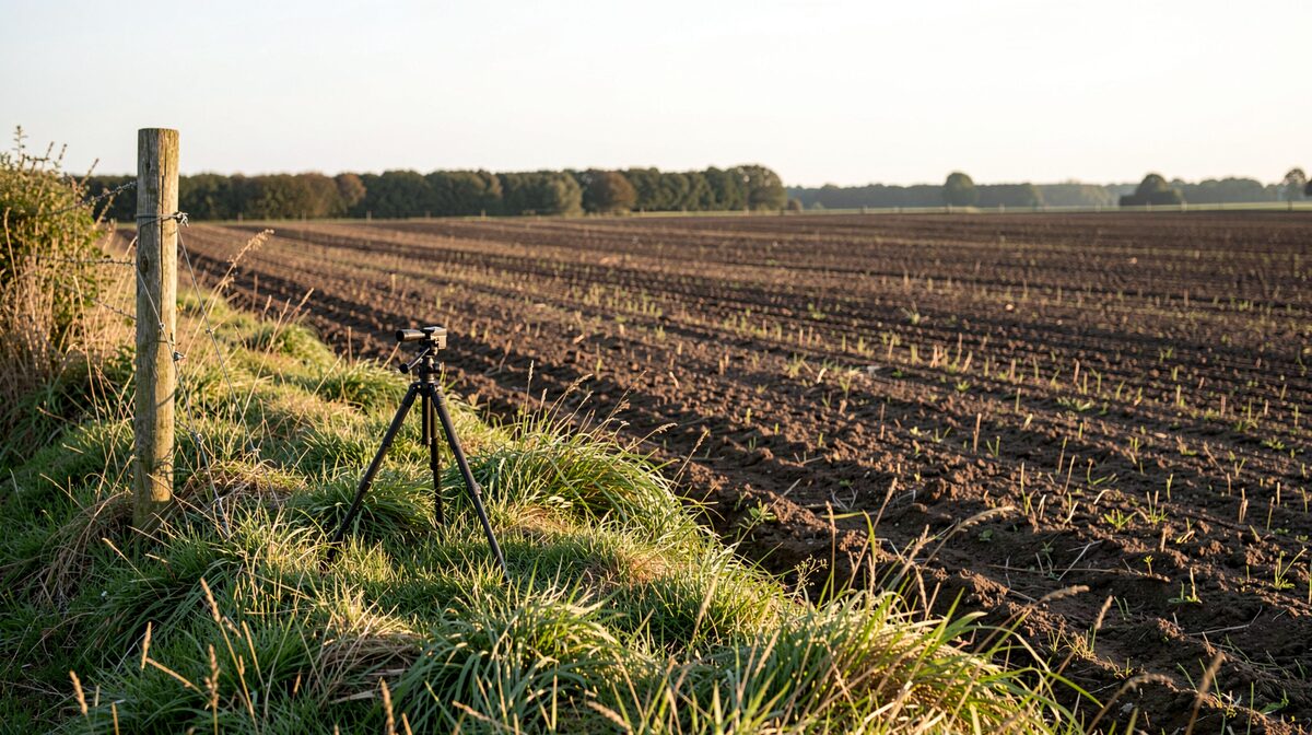 A low tripod on a grassy bank at the edge of a ploughed field in northern France, one fence post in the left third of the frame, low morning sun casting long shadows across the furrows, wide view towards a distant hedge line.