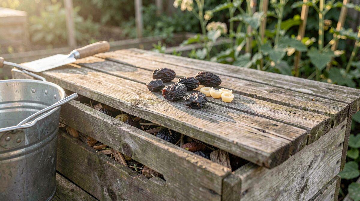 A weathered wooden compost heap in a kitchen garden, with a few dark lumps of slumgum and a handful of pale wax cappings resting on the top layer, a stainless steel bucket and a hive tool at the edge of the frame, soft morning light from the left, medium close shot at heap height.